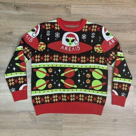 Area 15 Men's XL Alien Santa Ugly Christmas Sweater Green Red Spaceship Planets - Picture 1 of 4